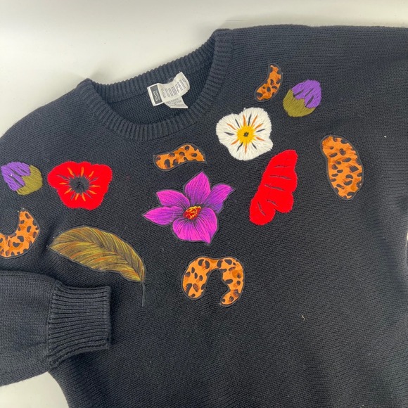 Sk & Company Sweaters - Vintage 90s SK & Company Sweater S Floral Leopard Applique Ramie Cotton Black